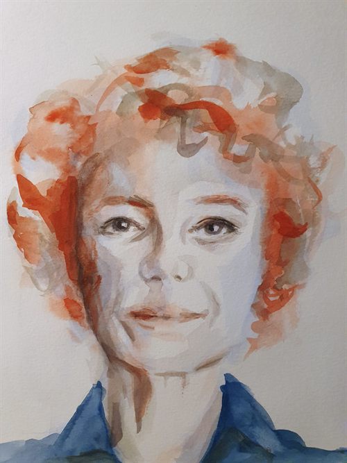 Dasselbe Aquarellporträt nach dem Coaching-Schritt: Augen, Mund und Halsübergang sind mit ruhigen Akzenten geschärft.